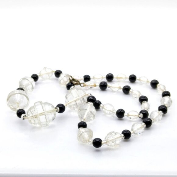 Elegant Art Deco Strand Necklace with Stepped Clear Czech Glass Beads and Black - Picture 2 of 4